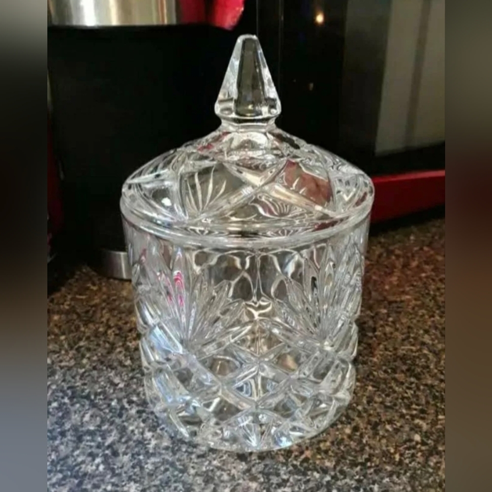 Crystal Candy Dish Star Of David Pressed Glass Lid And Jar Vintage Excellent
